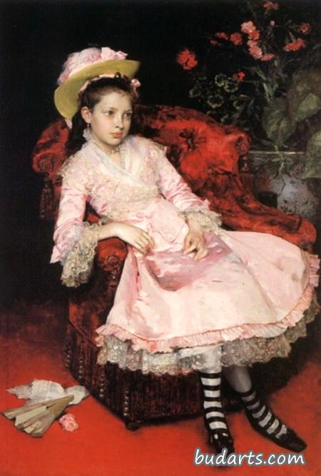 一个穿粉红色连衣裙的年轻女孩的画像