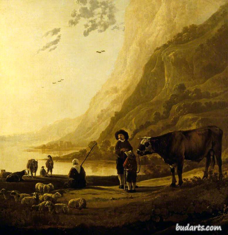 有牧民和公牛的多山河流景观