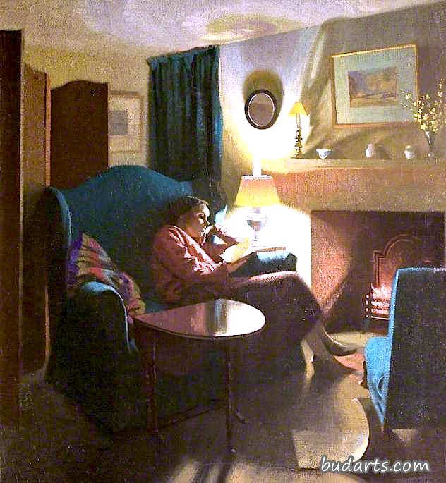 艺术家的妻子伊芙琳坐着看书