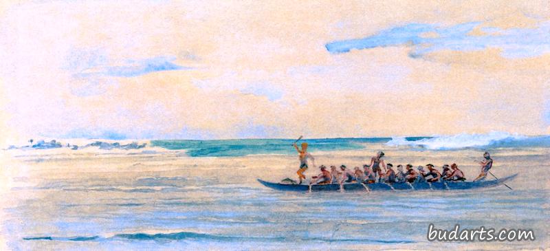 1891年1月，从海岸到阿皮亚的独木舟，到一个大的塔洛洛，或正式的食物展示