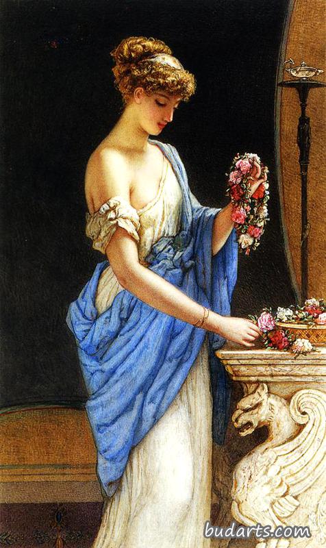 一个穿着古典服装的女孩在布置花环