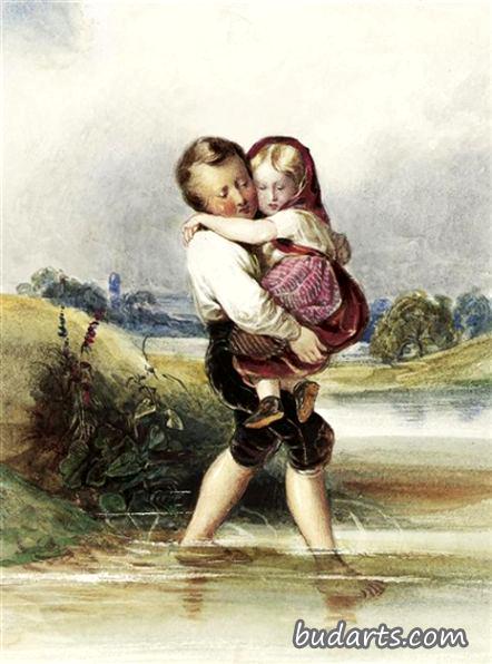 一个男孩抱着他的妹妹在一片水域上