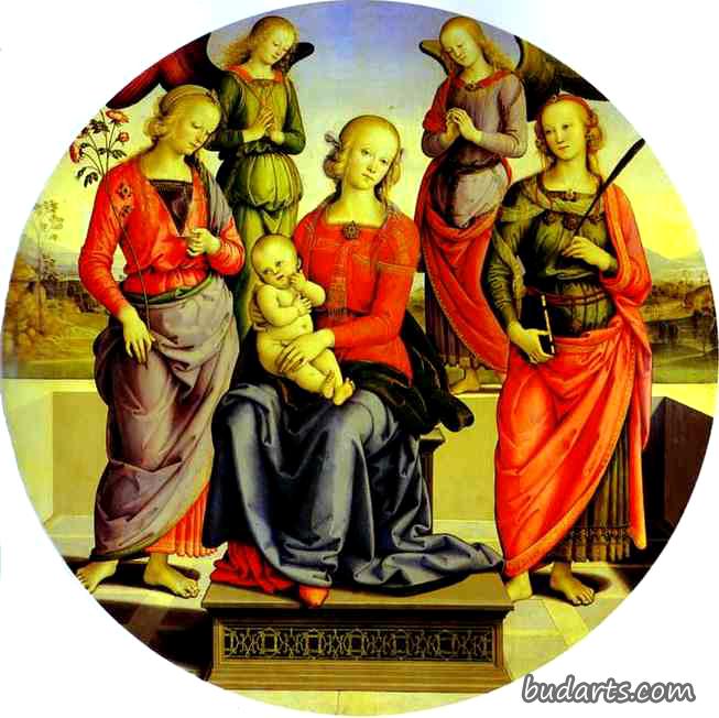 圣母和圣婴被两个天使，圣罗斯和圣凯瑟琳包围着