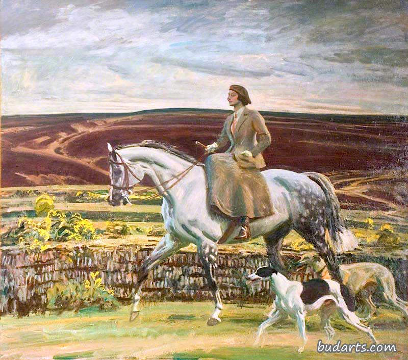 蒙宁斯夫人骑着灰色猎手（“木兰花”）的侧鞍，带着她的狗在埃克斯穆尔