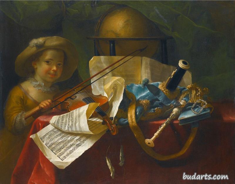 管、球、法国序曲和小提琴的雕刻乐谱的静物
