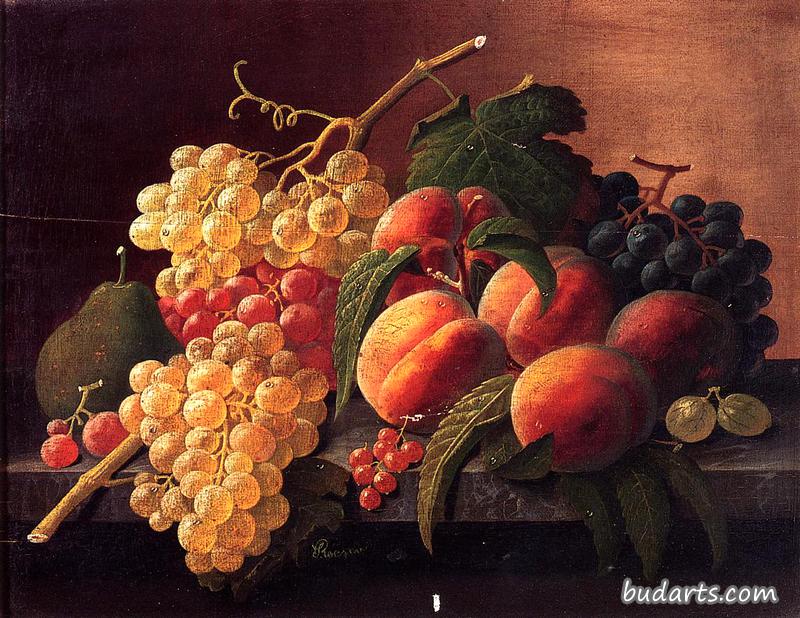 桃子、葡萄和梨子的静物