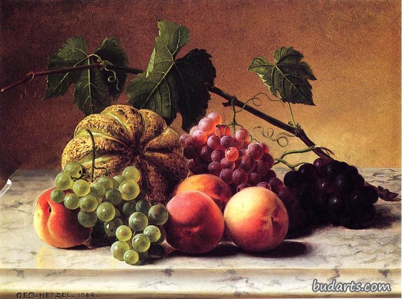 有哈密瓜、葡萄和桃子的静物画