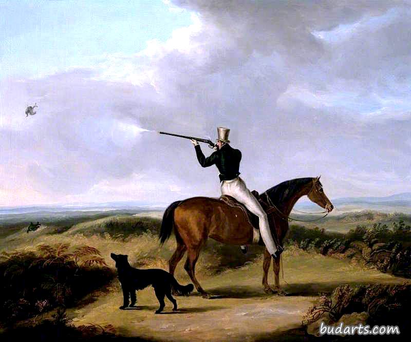 亨利·威廉·佩吉特爵士，安格尔西第一侯爵夫人，带着他的狗，在坎诺克追逐赛上射杀布