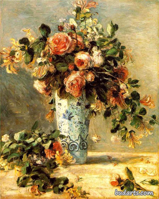 德尔夫特花瓶里的玫瑰和茉莉花