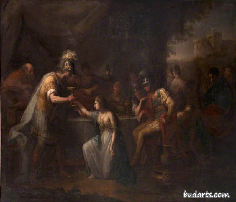 沃蒂根，英国国王，在萨克森将军亨吉斯特的宴会上迷上了罗韦娜