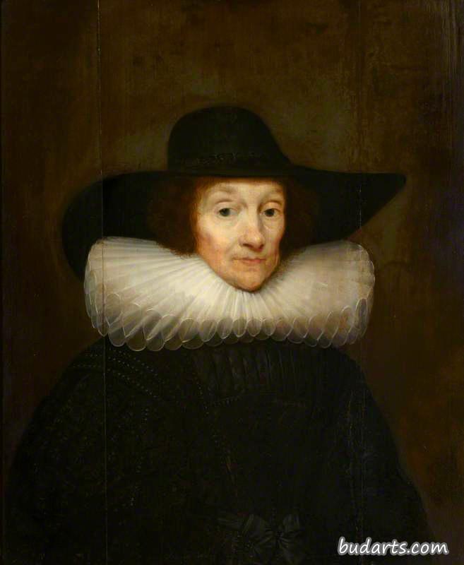 一位戴头巾和黑帽子的老妇人的画像