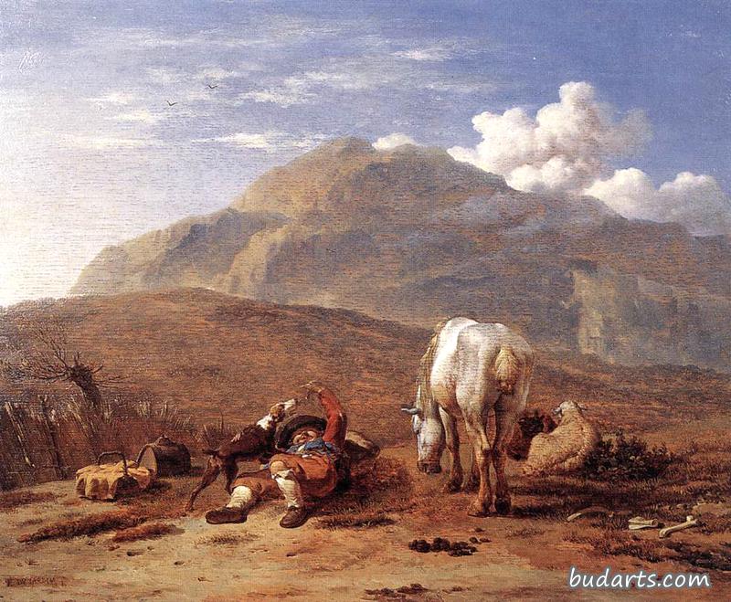 意大利风景与一个年轻的牧羊人