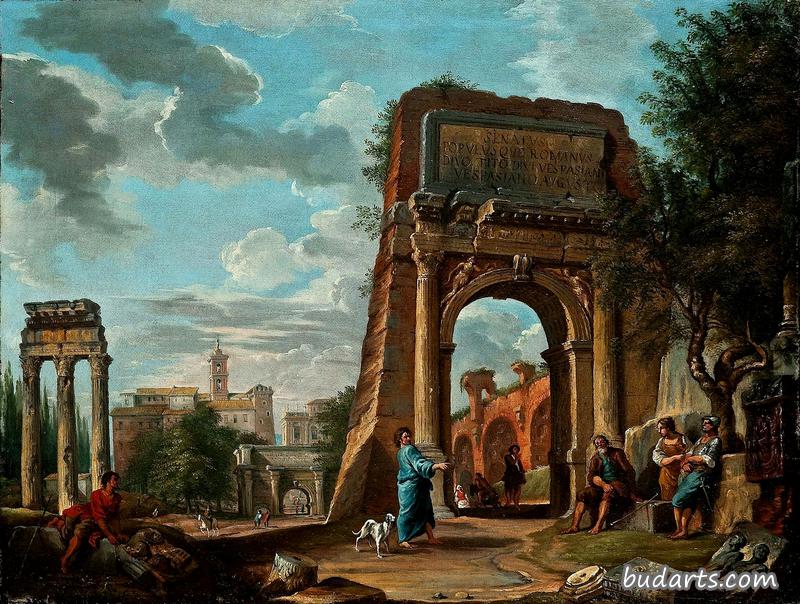 以提图斯拱门、人物和卡皮托林山为背景的罗马论坛