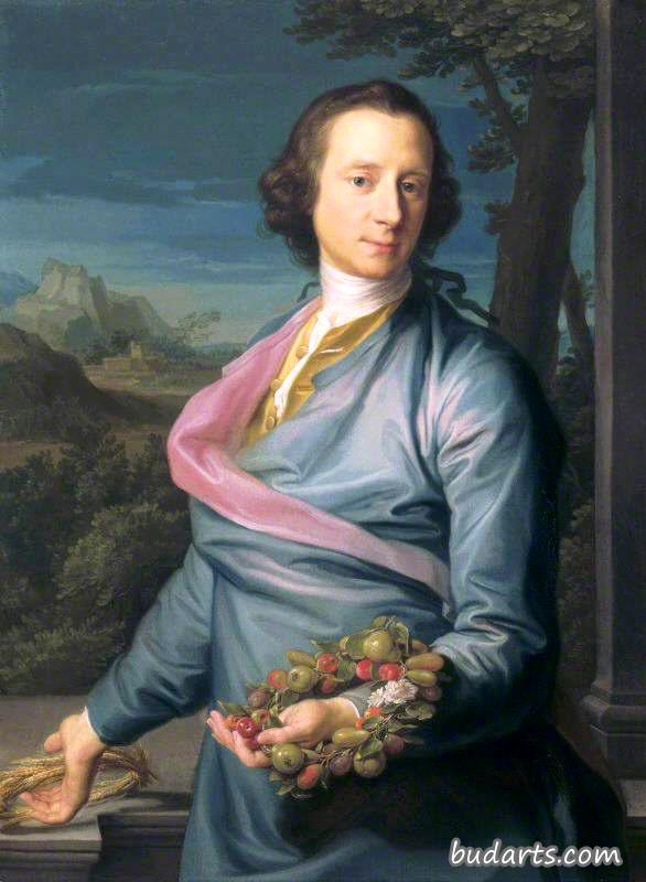 马修·费瑟斯顿爵士的肖像，第一英国电信，下院议员，带着水果和玉米的花环