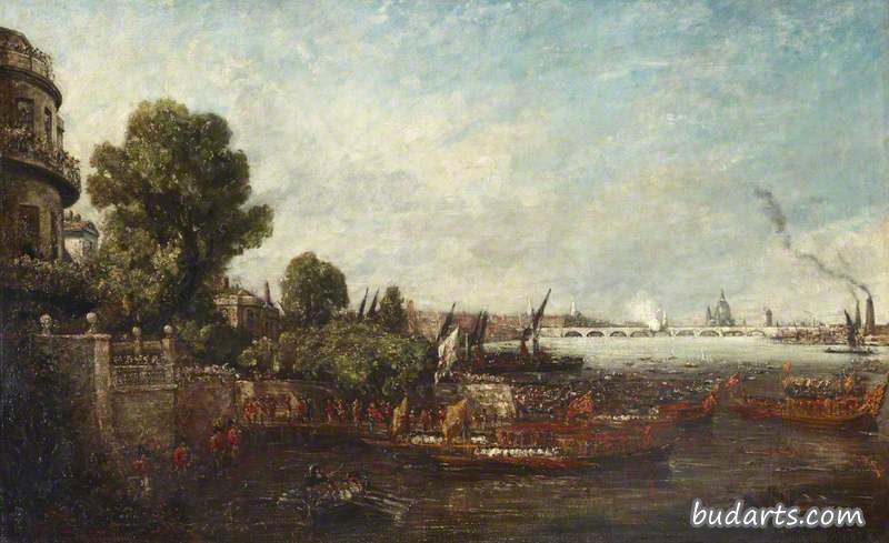 乔治四世从白厅登船：滑铁卢大桥的开通，1817年