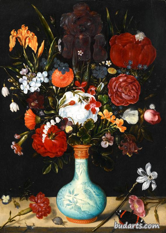 万历克拉克瓷瓶中玫瑰、金盏花和其他花卉的静物画