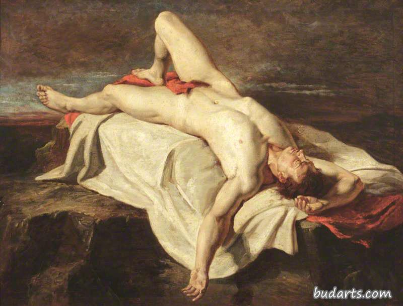 岩石上男性裸体躺在裹尸布上的学术习作