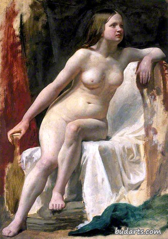 一位女性裸体模特坐在白色窗帘上的生活习作