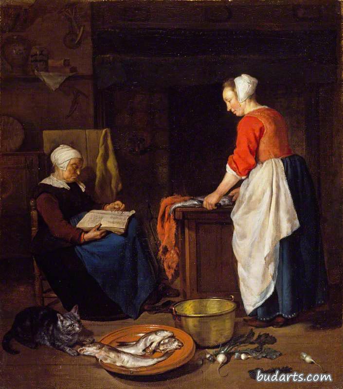 一个厨房女佣在洗鱼，一个老太婆在睡觉
