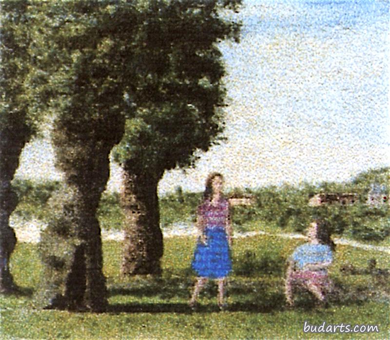 两个女人在树边