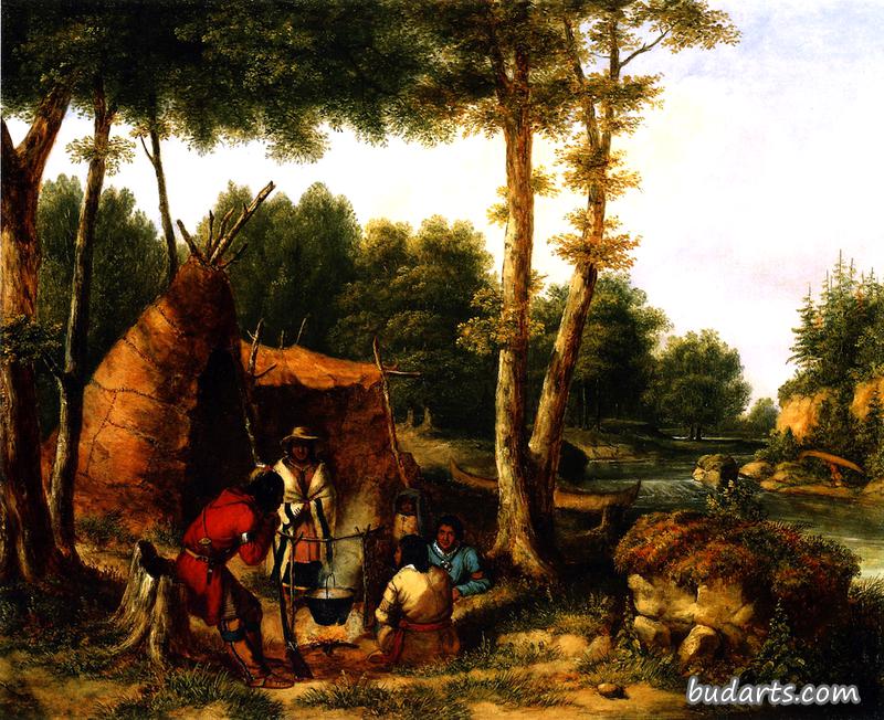 印第安人在河边扎营