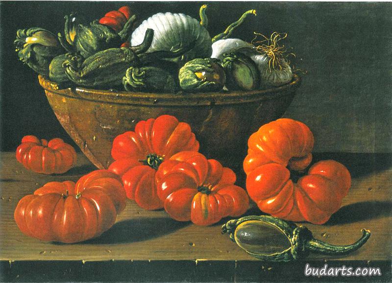 有西红柿，一碗茄子和洋葱的静物画