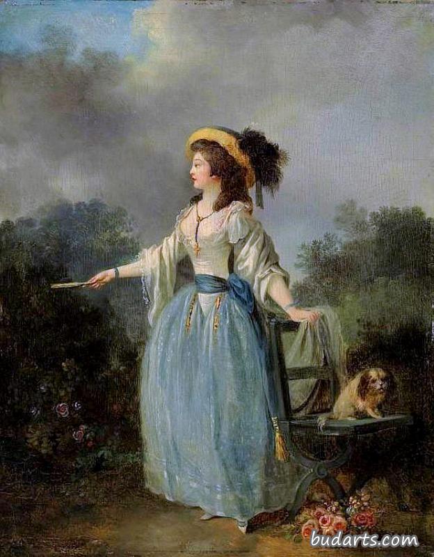 一位女士带着她的狗在花园里