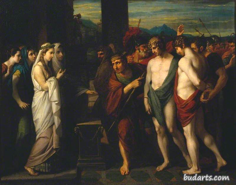 皮拉德斯和奥瑞斯忒斯作为受害者被带到伊菲戈尼亚