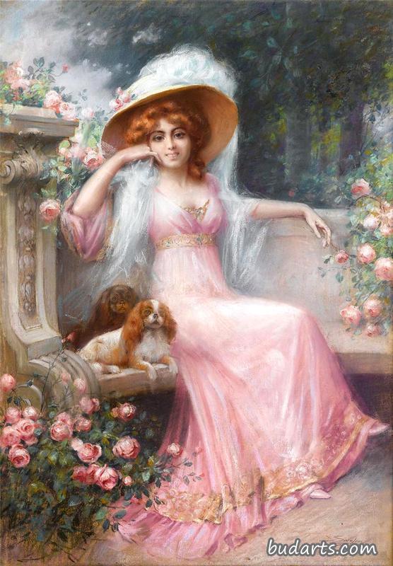 穿粉红色衣服的女士和她的国王查尔斯猎犬