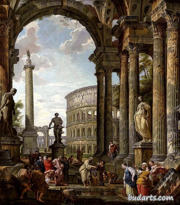 喷泉旁有哲学家第欧根尼和其他人物的建筑随想