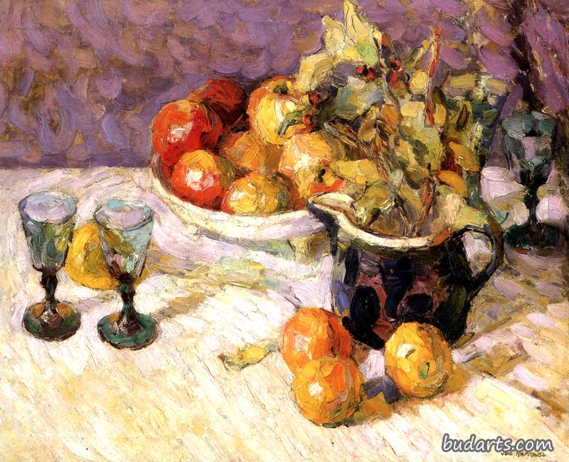 桌子上摆着苹果和桔子的静物画