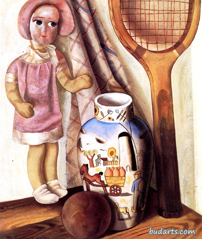玩偶和网球拍的静物画