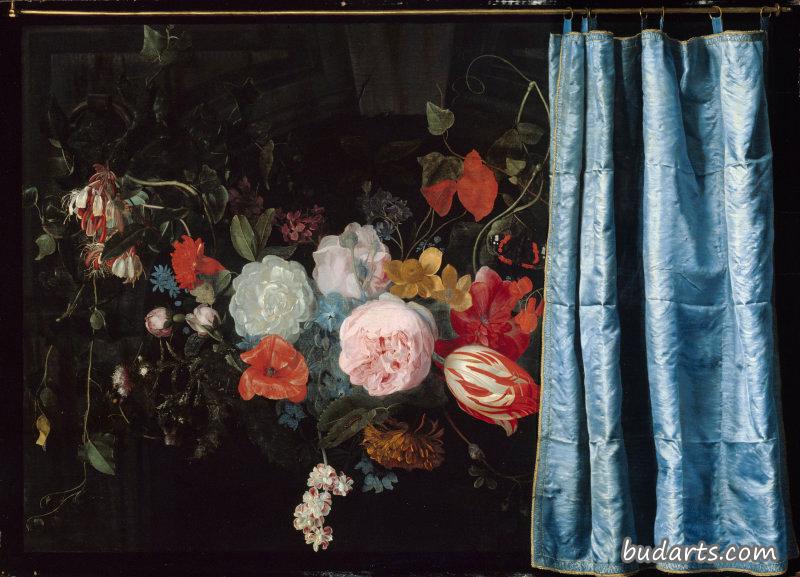 特朗普·欧伊尔的静物画上了福威尔的花环和窗帘