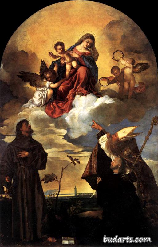 圣母圣子在荣耀中与圣徒弗朗西斯和阿尔维斯和捐赠者