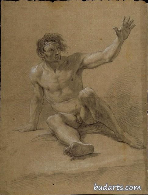 一例手臂抬高的男性裸体坐姿习作