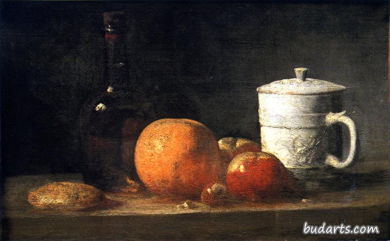 有锡釉罐、水果和瓶子的静物画