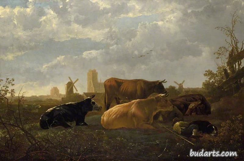 一个熟睡的牧民和五头牛远眺多德雷赫特