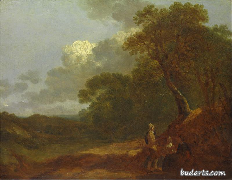 一个男人和两个坐着的女人聊天的森林景观