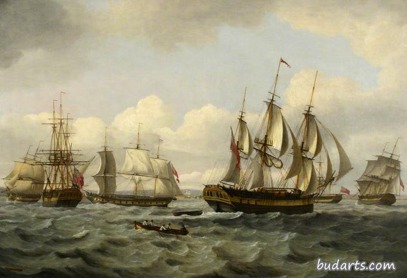 “卡斯特”号和其他船只在波涛汹涌的海上