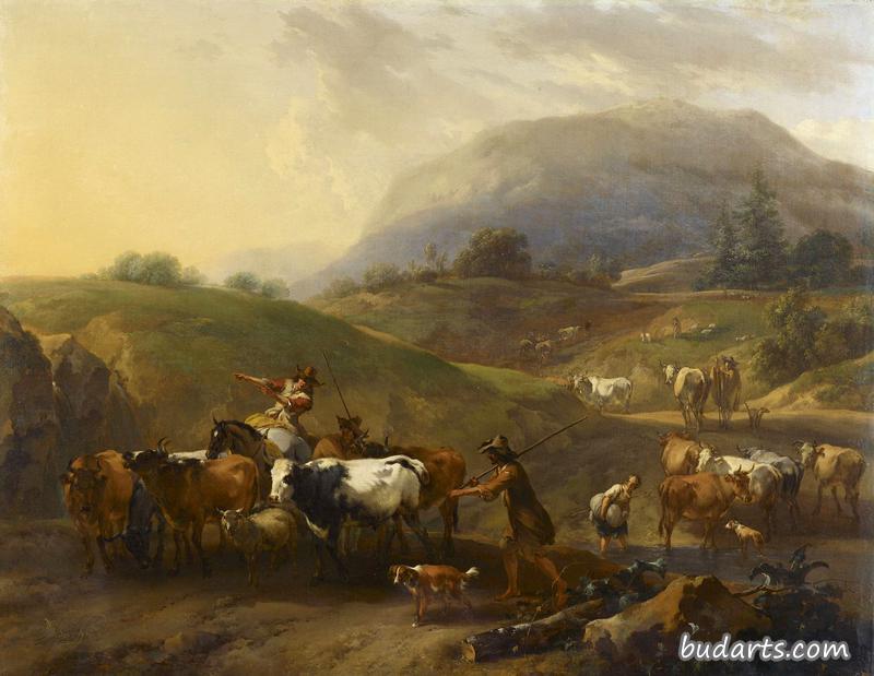 牧民赶牛上路的山景