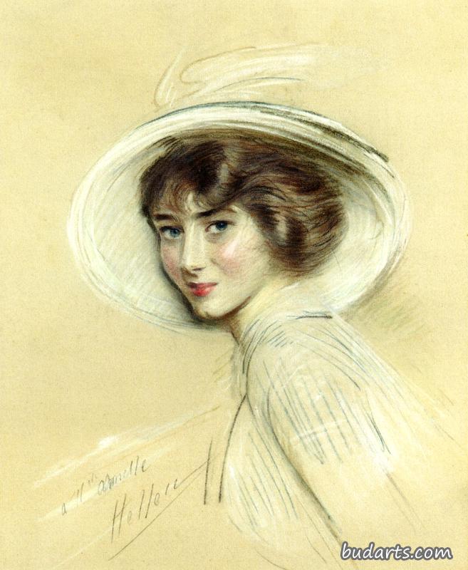 安妮特的肖像，戴着一顶白帽子