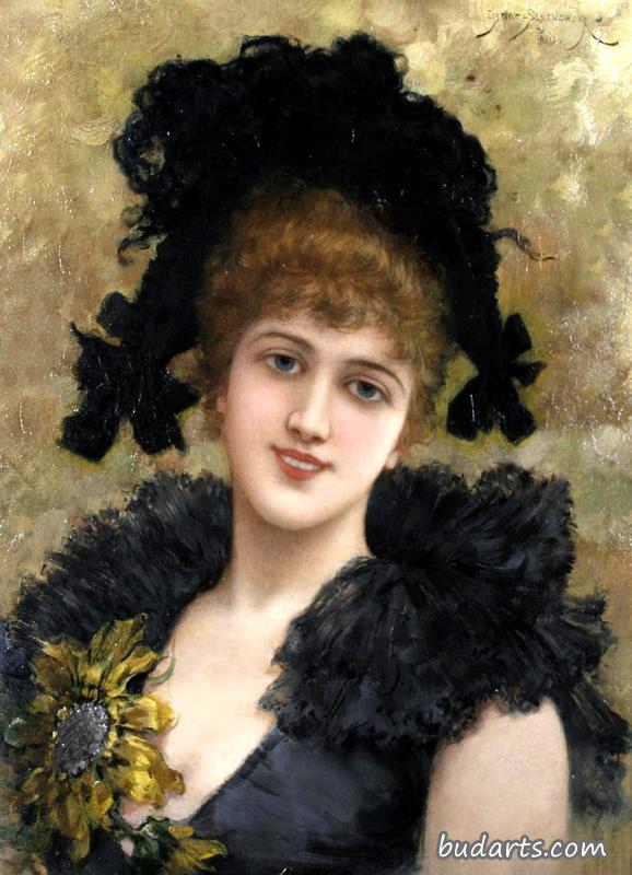 一位身穿黑色连衣裙、头戴向日葵的年轻女士的画像