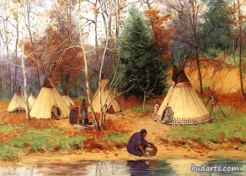 印第安人在树林里扎营