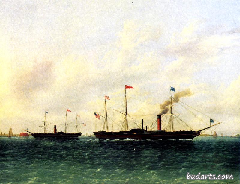 美国邮轮“华盛顿”号悬挂邮旗，驶离州长岛