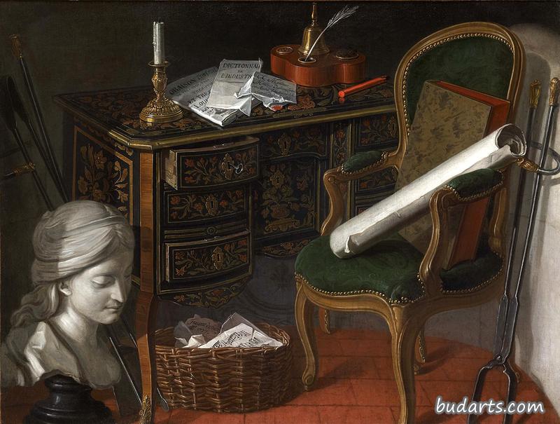 一个女人的半身像，放满乐谱的柳条筐，一张有墨水瓶的写字台和一把椅子