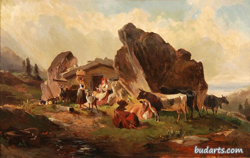 高山小屋旁的牛、羊和农民