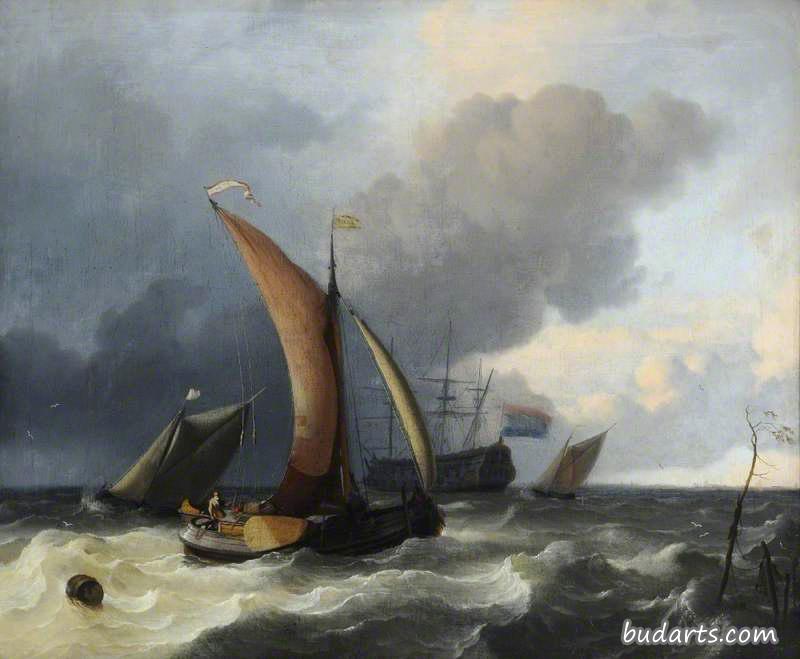 在波涛汹涌的海上航行的荷兰帆船