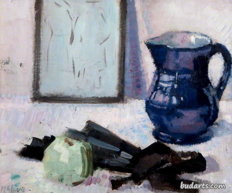 蓝色水壶，扇子和苹果的静物画