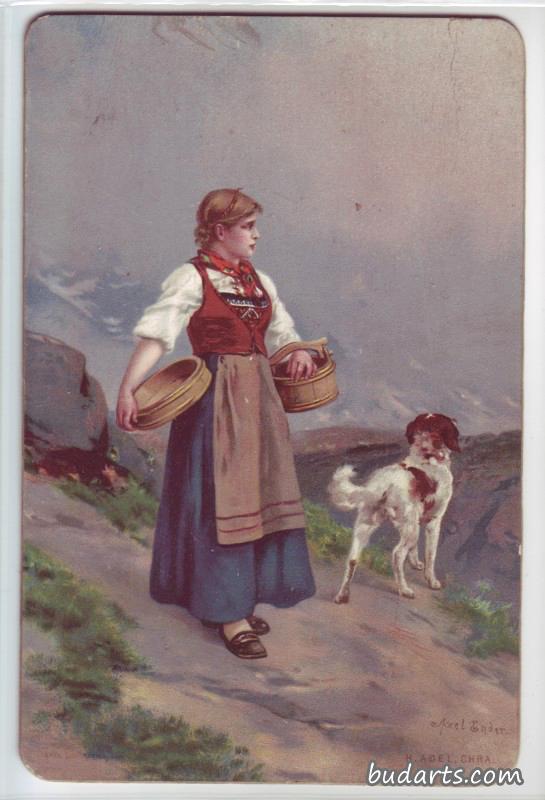 girl and dog in the mountains