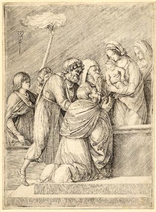 The adoration of the Magi, one of whom is kneeling, to the right the Virgin is stand and holding the